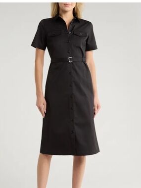 Theory Black Short-Sleeve Belted Midi Shirt Dress